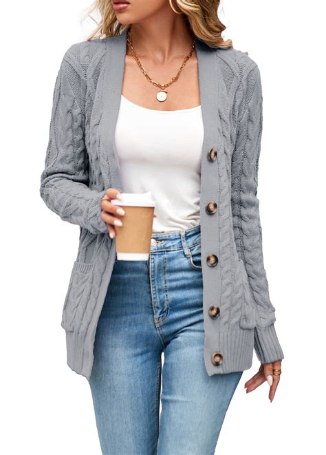 Womens Long Sleeve Cable Knit Sweater Open Front Cardigan Button Loose