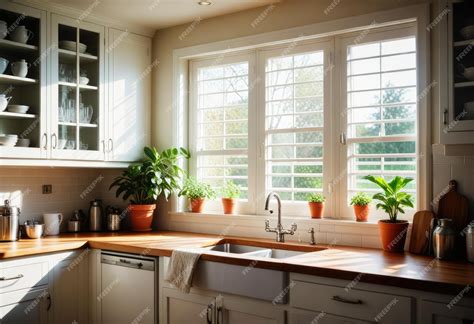 Premium Photo | A kitchen with a sink and a window with plants on the ...