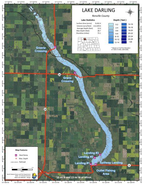 Darling, Lake - Overview of entire lake Map by North Dakota Game and ...