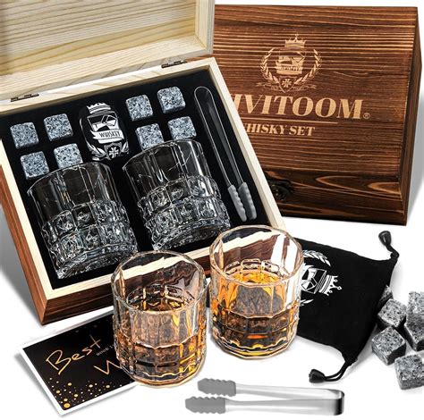 Whiskey Glass Set For Dad Whisky Scotch Bourbon Glass Wooden Box With