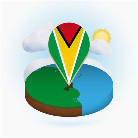 Isometrische Ronde Kaart Van Guyana En Puntmarkering Met Vlag Van