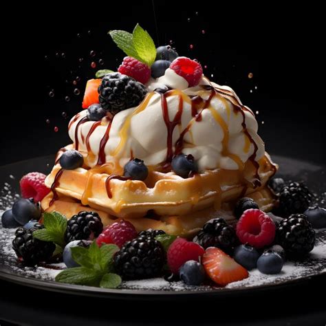 Premium Ai Image Photo Tasty Waffle With Fruits On Black Generative Ai