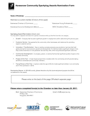 Fillable Online Keweenaw Community Sparkplug Awards Nomination Form Fax