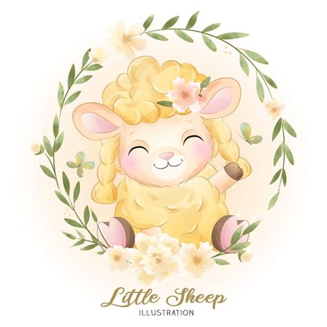 Mignon Petit Mouton Avec Illustration Aquarelle Florale Vecteur Premium