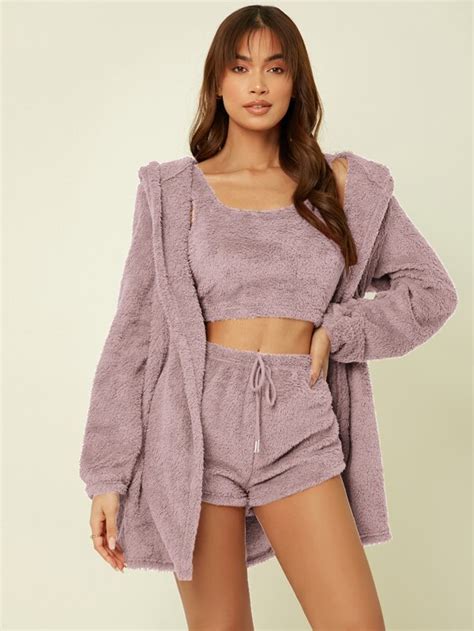 Crop Flannel Tank Top Shorts And Hooded Robe Lounge Set Shein Usa