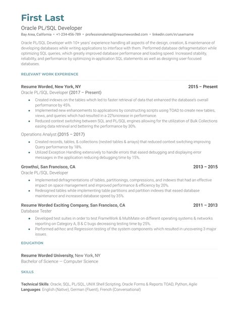 Oracle Pl Sql Developer Resume Examples For Resume Worded