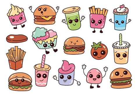 Conjunto De Comida Chatarra Y Bebidas Kawaii En Ilustraci N De Estilo