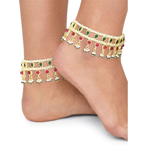 Buy Zaveri Pearls Green And Pink Traditional Kundan Payal 2 Anklets