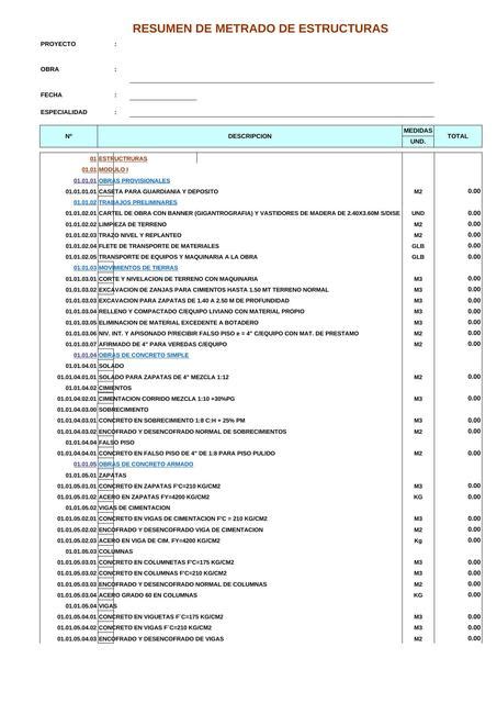 Hoja De Calculo Para Metrado De Estructura Apuntes De Ingenieria