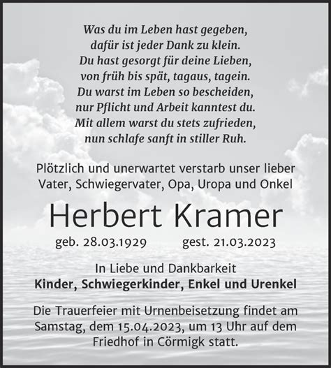 Traueranzeigen Von Herbert Kramer Abschied Nehmen De