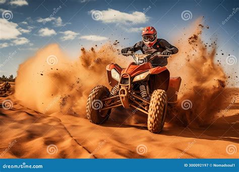 Portrait Of Sportsman Riding Fast Atv Vehicle In Desert Sand Dune