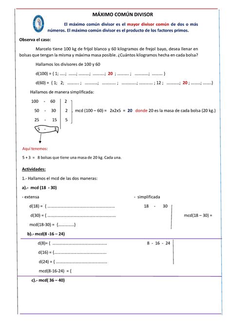 Semana 20 DIA 2 Matematica Maximo Comun Divisor 16 Agosto 2022 Quinto