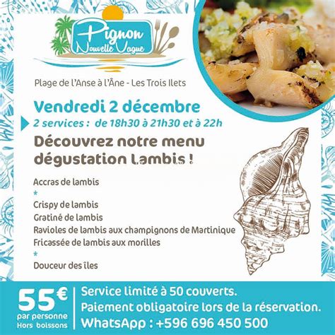 Soirée Menu Lambis Résa gratuite en ligne Agenda Belle Martinique