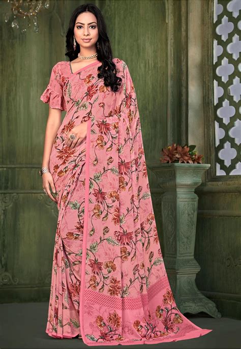 Buy Digital Printed Georgette Saree In Pink Online Sew14604 Utsav