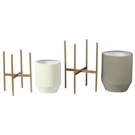 LuxenHome Set of 2 Gray and Off White Round Metal Cachepot Planters with Gold Stand, Set - Ralphs