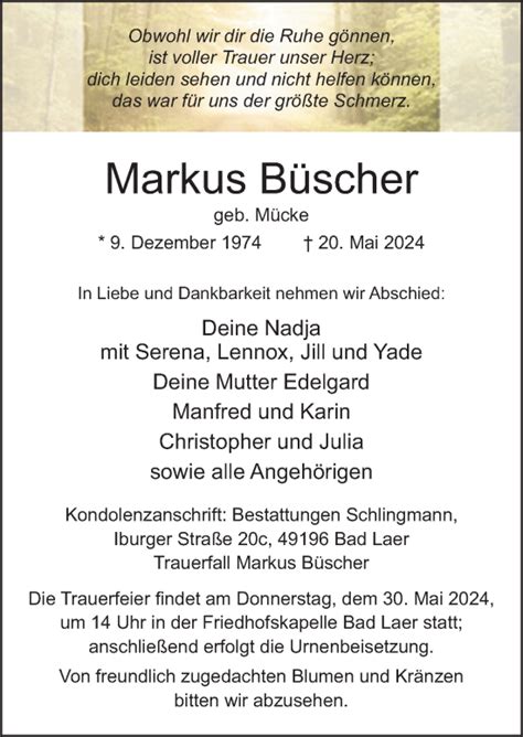 Traueranzeigen von Markus Büscher noz Trauerportal