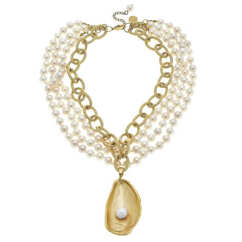 Pearl Necklace With Gold Oyster And Hand Set Freshwater Pearl Pearl