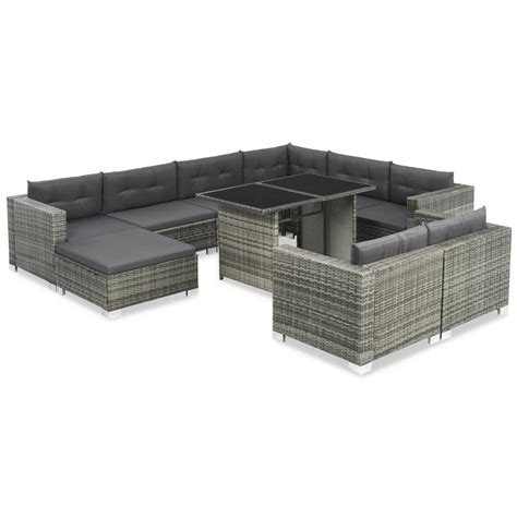 10 Tlg Garten Lounge Set Mit Auflagen Poly Rattan Grau Weddig