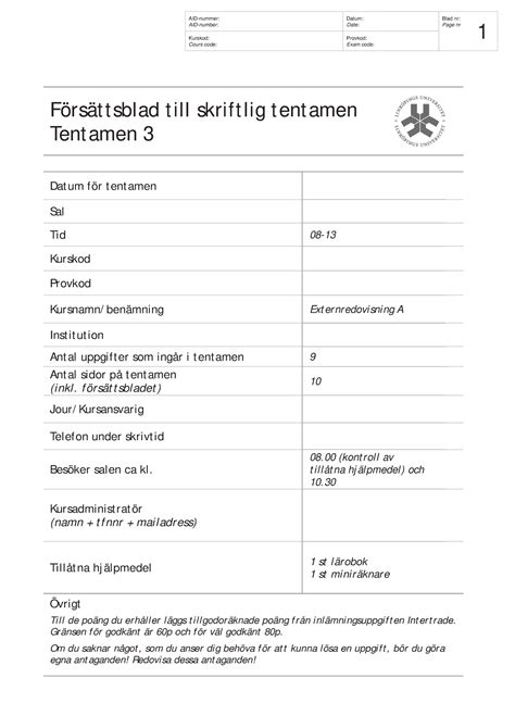 Tentamen 03 Tenta 2020 Försät t sblad t ill skrift lig t ent amen