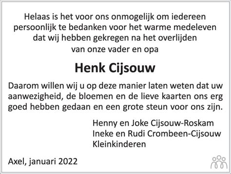 Hendrik Pieter Henk Cijsouw Overlijdensbericht En