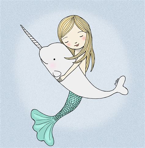 Mermaid Narwhal Illustration Print Instant Download Diy Etsy