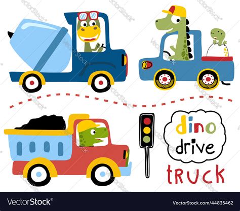 Set of dinosaurs cartoon driving trucks Royalty Free Vector