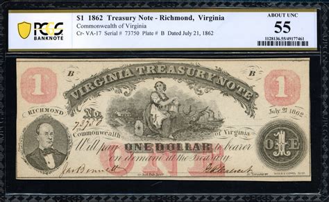 1862 Richmond Virginia 1 Virginia Treasury Note Pcgs Banknote About