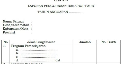 Format Isian BOP 06 Laporan Penggunaan Dana BOP PAUD Tahun 2016 SIAP