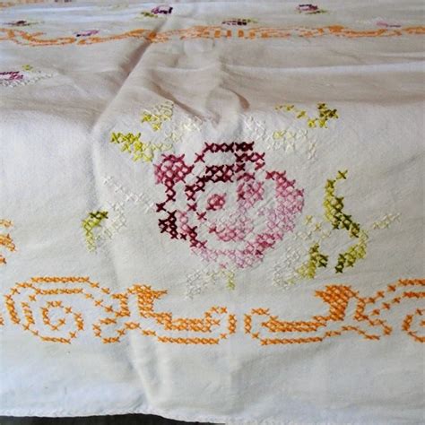 Cross Stitch Linen Tablecloth Etsy