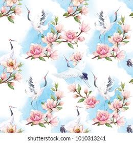 Watercolor Pattern Red Heads Crane Japanese Stock Illustration