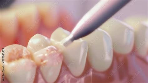 A Detailed View Of A Dental Filling Procedure Being Performed On A