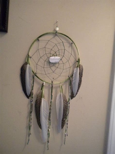 Large Dream Catcher In Green And White With Feathers Beads And