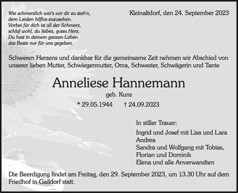 Traueranzeigen Von Anneliese Hannemann S Dwest Presse Trauer