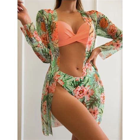 Cheap Floral Twist Bikini Set Cover Up Swimsuit For Women Push Up Long