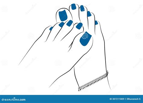 Woman Feet With Anklet And Blue Nails Line Drawing Isolated On White