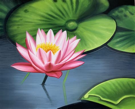 Single Pink Lotus in Lily Pond painting | Balikarma Online Shop