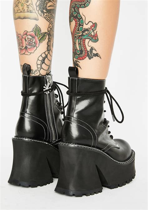 Delias Vegan Leather Platform Heel Boots Black Dolls Kill