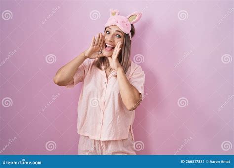 Blonde Caucasian Woman Wearing Sleep Mask And Pajama Smiling Cheerful