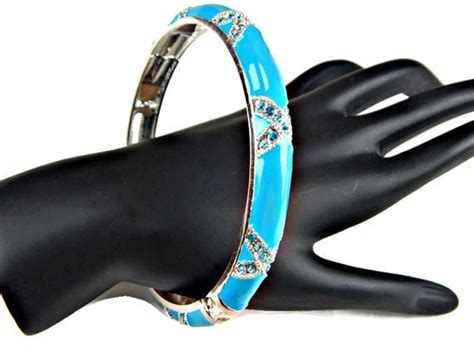 Rhinestone Bangle Bracelet Hinged Bangle In Aqua Blue Enamel On Silver