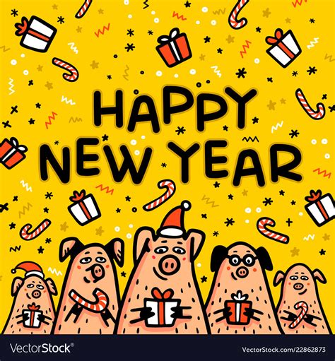 Happy new year pig yellow greeting card funny Vector Image