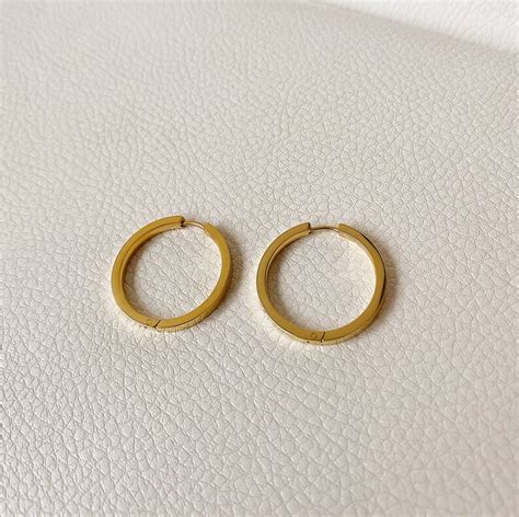 Mm Gold Huggie Hoops Flat Hoop Earrings Wide Gold Hoop Etsy Uk