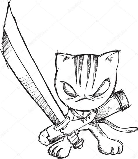 Doodle Sketch Ninja Cat Vector Illustration Art — Stock Vector ...