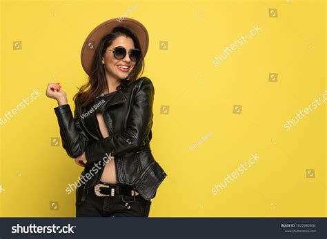 Brunette Woman Leather Jacket Looking Side Images Stock Photos Vectors Shutterstock