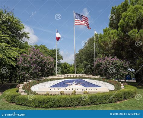 Ut Arlington Symbol In A Garden Of Stones And Plants With American