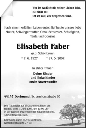 Traueranzeigen Von Elisabeth Faber Trauer In Nrw De