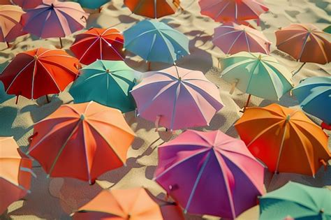 Premium Photo A Cluster Of Colorful Beach Umbrellas On A Sandy S