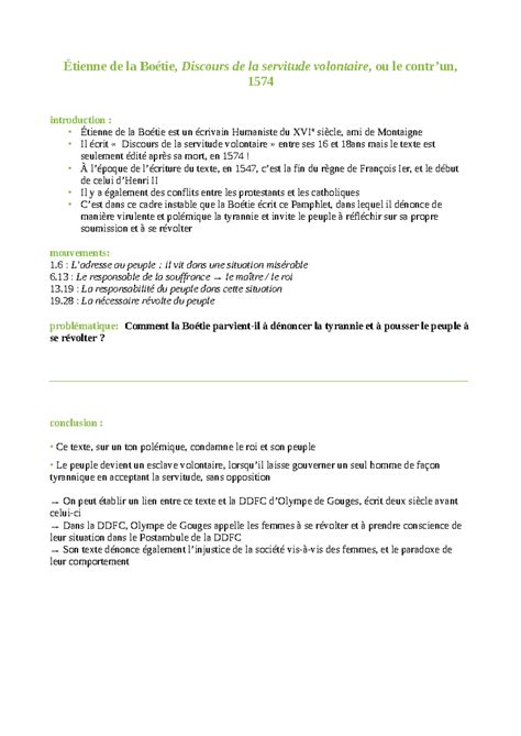 Analyse linéaire Etienne de la Boetie Discours de la servitude