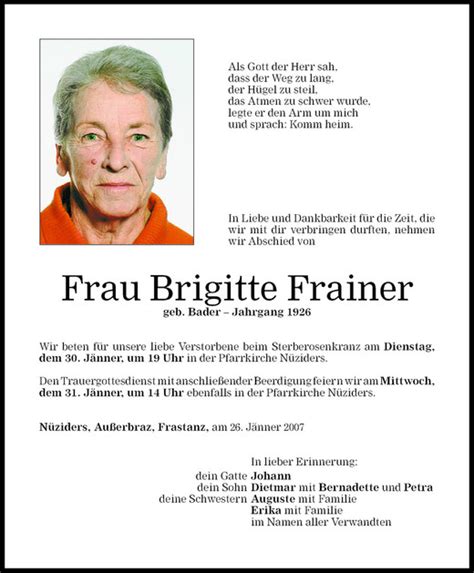 Todesanzeigen Von Brigitte Frainer Todesanzeigen Vorarlberger Nachrichten