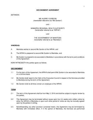 Fillable Online Gov Mb SECONDMENT AGREEMENT BETWEEN MS AUDREY Fax