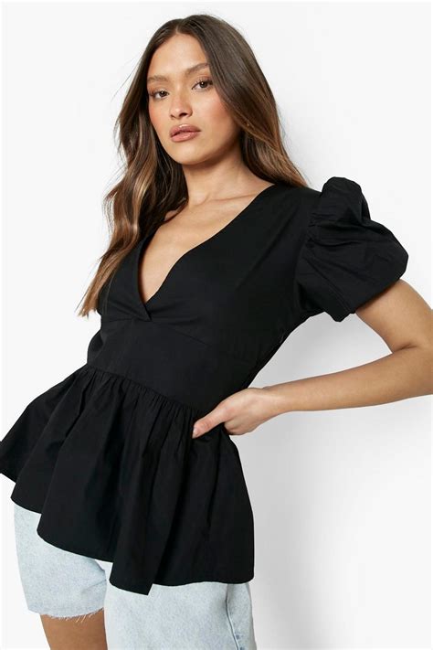 Womens Black Cotton Poplin Puff Sleeve Smock Top Boohoo Uk